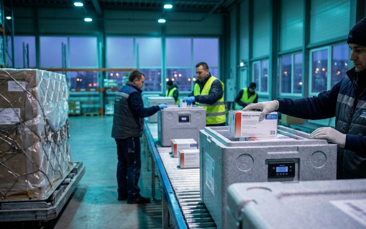 Insulated pharmaceutical shipping containers with medical cargo being handled in a logistics warehouse