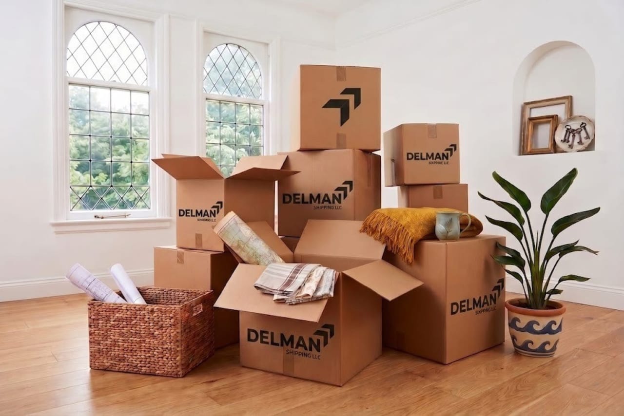 Packed moving boxes for relocation