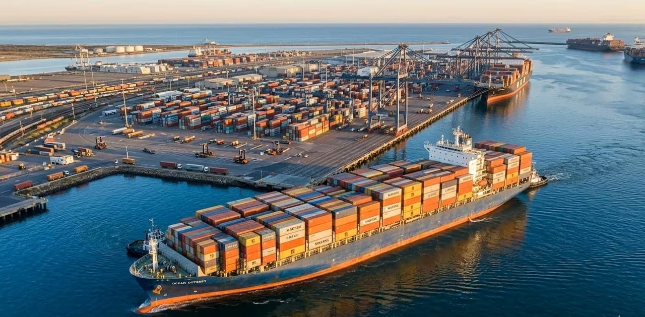 Container ship arriving at a major container port